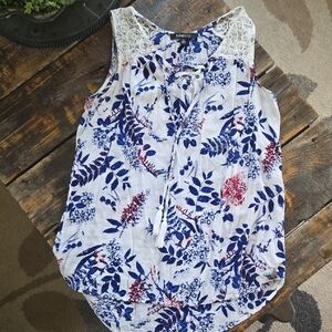 Relativity Blue, White and Red Tie Front SleeveBlouse With Lace Trim On Shoulder